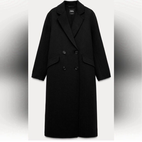 Zara Women's Medium Double Breasted Long Topcoat Peacoat Black Wool Blend - Picture 4 of 16